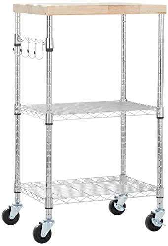 3-Tier Rolling Kitchen Storage Cart with Wood Top & Adjustable Shelves