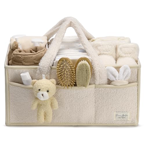 PeraBella Sherpa Baby Diaper Caddy Organizer with Handle & Teddy Bear