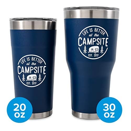 Camco Life is Better at The Campsite Tumbler | Heavy Duty Double Wall Vacuum Insulation | Crafted of 18/8 Stainless Steel | Unique ¡°Life is Better at The Campsite¡± Design on Navy | 30-oz (53324)