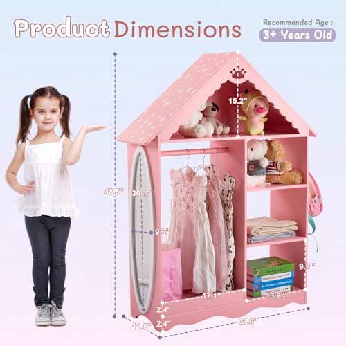 Kids Dollhouse Dress Up Storage Wardrobe with Mirror and Hanging Rod