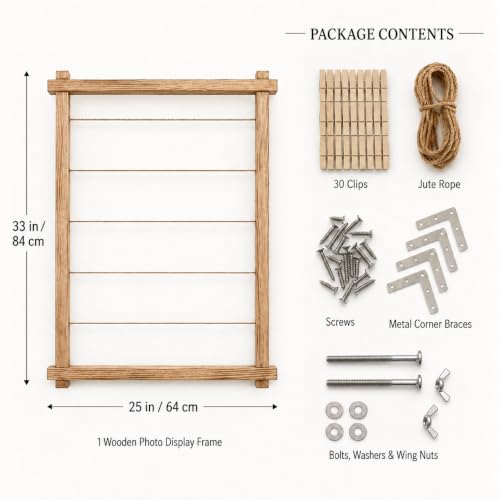 Wooden Photo Display Board with 30 Clips – 25 x 33 Inch Large