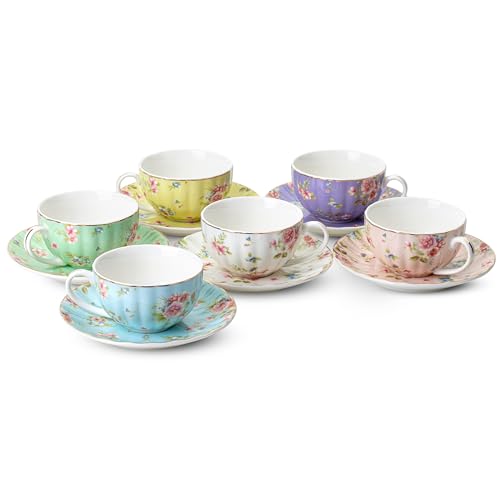Pastel Blooms Floral Porcelain Tea Cups Set of 6 – Rose Teacups for Tea Party