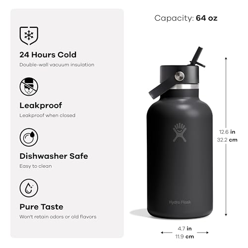 Insulated Stainless Steel Water Bottle with Straw Lid 64 Oz Black