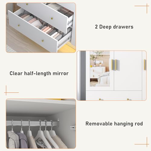 3-Door Wardrobe Closet with Mirror, LED Lights, and Storage Drawers