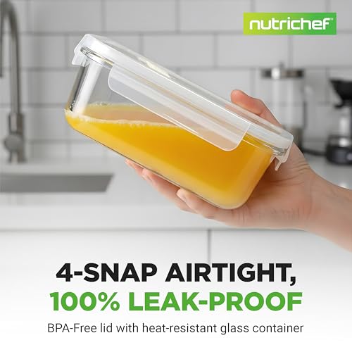 NutriChef 10-Piece Superior Glass Food Storage Containers Set (5 Containers + 5 Locking Lids),Stackable Meal-prep Design, BPA-free Airtight Clear Locking lids with Vent Lids & Air Hole, NCCLX5