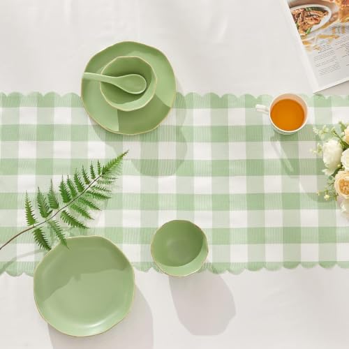 Luxedevin Green and White Gingham Table Runner 71" x 14" - Washable, Double-Sided, Yarn-Dyed