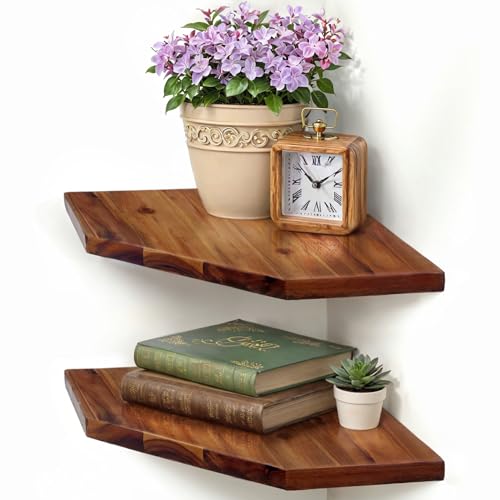 2-Pack Acacia Wood Floating Corner Shelves, 16.5-inch Wall Mount Shelf