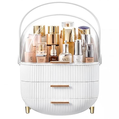 NestOrganix White & Gold Makeup Organizer with Drawers - Cosmetic Storage Case