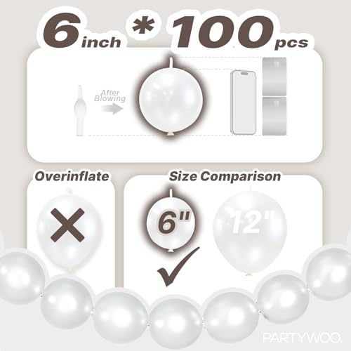 6 Inch Pearl White Linking Balloons - 100 Pack Latex Party Decorations