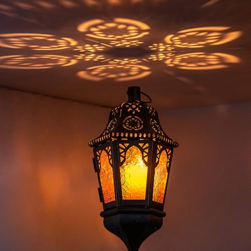 Moroccan Hanging Candle Lantern with Chain - 13.6" Amber Glass Decor