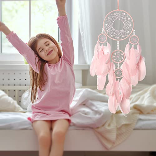Pink Handmade Dream Catcher Wall Hanging Decor - 23-inch Feather Ornament