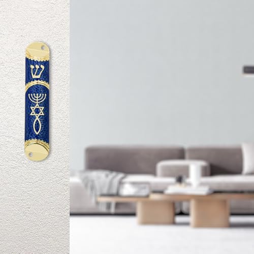Blue Metal Mezuzah Case with Scroll, Messianic Seal Door Blessing