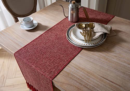 Red Burlap Table Runner 108in x 13in with Tassels - Classic Rustic Farmhouse 100% Polyester