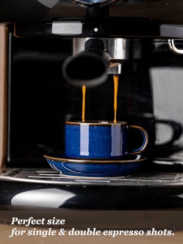 Gomakren Cobalt Blue 2.5oz Espresso Cups & Saucers Set of 4 with Metal Rack
