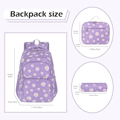 Girls Daisy Print Backpack 3-Piece Set with Insulated Lunch Box & Pencil Case