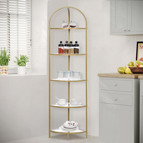 5-Tier Gold Corner Shelf, Modern Metal and Glass Storage Display Stand