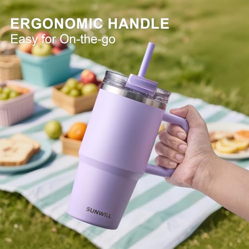 SUNWILL 20 oz Insulated Travel Tumbler with Handle & Straw - Powder Coated Orchid
