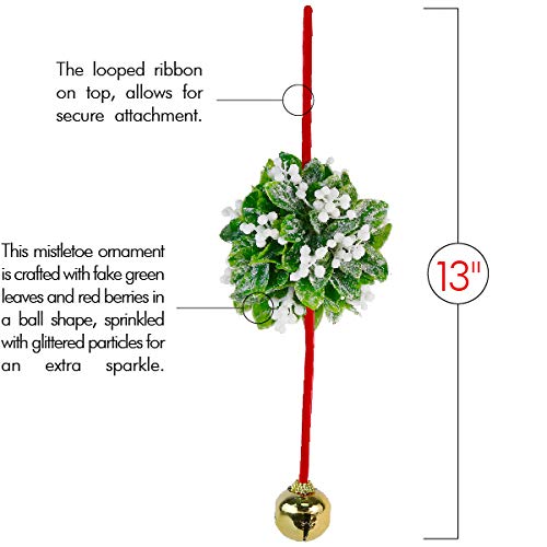 Hanging Mistletoe Kissing Ball Ornament with Bell - 10-Inch Christmas Decor
