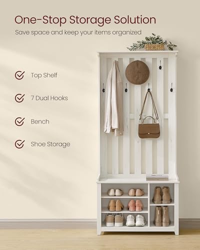 Rustic Hall Tree with Shoe Storage Bench and 7 Coat Hooks, White