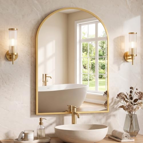 20x30 Inch Arched Wall Mirror, Gold Metal Frame Bathroom Vanity Mirror