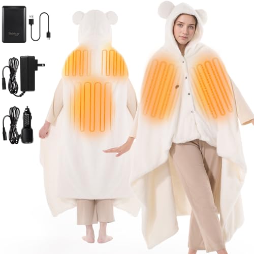 Portable Cordless Heated Blanket Shawl, 50x70 Fleece Wearable Hoodie, Beige