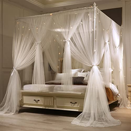4 Corner Post Bed Canopy Curtain - Double Layer Queen Mosquito Net (White)