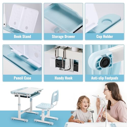 Adjustable Kids Study Desk and Chair Set with LED Lamp and Drawer
