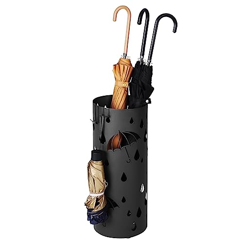 Metal Umbrella Stand with Drip Tray and Hooks, Matte Black Entryway Organizer