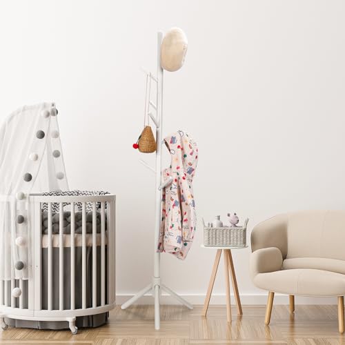 Adjustable Kids Coat Rack Stand - 9-Hook Beech Wood Freestanding Tree
