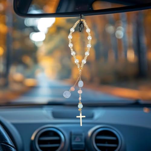Natural Jade Cross Car Hanging Ornament with Pearl and Glass Beads