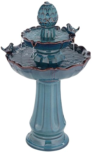 28-Inch Turquoise Ceramic 2-Tier Outdoor Fountain with Bird Statuettes