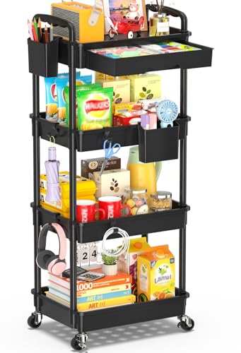 4-Tier Rolling Utility Cart with Drawer, Hooks & Lockable Wheels