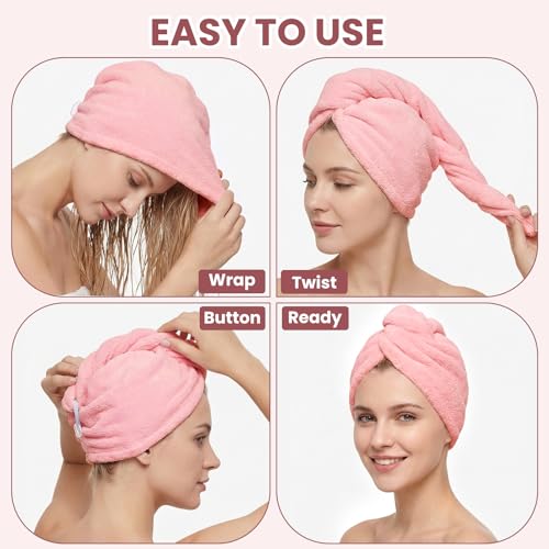 Mandydov Blue & Blush 100% Cotton Hair Towel Wrap for Women - 2 Pack, Ultra-Absorbent & Adjustable