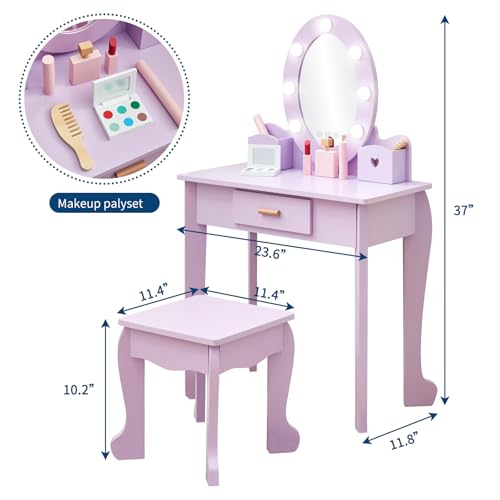 Kids Purple Vanity Set with LED Lighted Mirror and Stool for Ages 4-8