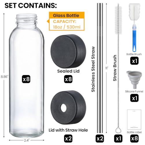 8 Pack 18 oz Glass Juice Bottles with Airtight Lids, Straws, and Cleaning Set