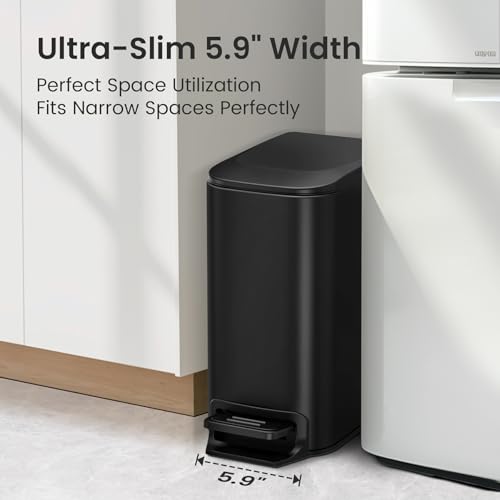 Cesun Small Bathroom Trash Can with Lid 1.6 Gal Matte Black Slim Step Bin