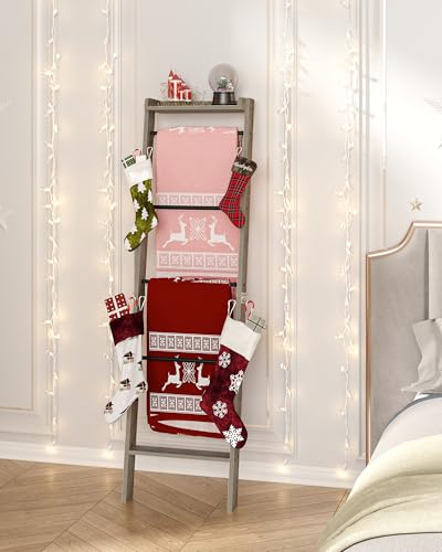 6-Tier Blanket Ladder Shelf, Rustic Farmhouse Quilt Rack with Hooks