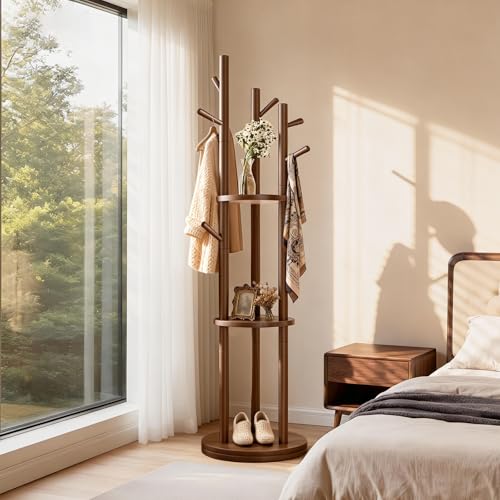 Solid Wood Rotating Coat Rack with 3 Shelves & 9 Hooks, Walnut Finish
