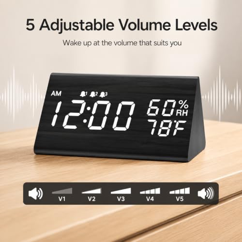Wooden Digital Alarm Clock with Humidity and Temperature Display - Black