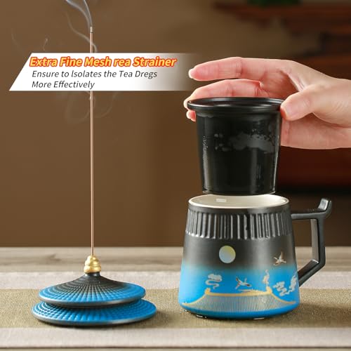 Coolpei Black & Blue Ceramic Tea Cup with Infuser & Lid 14.8oz - Vintage Style Steeping Mug for Tea Lovers Gift