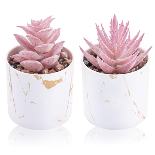 Mini Artificial Succulents 2-Pack - Pink Fake Potted Plants for Desk