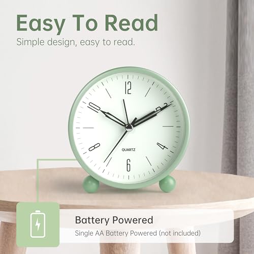 4-Inch Silent Analog Alarm Clock with Night Light, Battery Powered (Green)