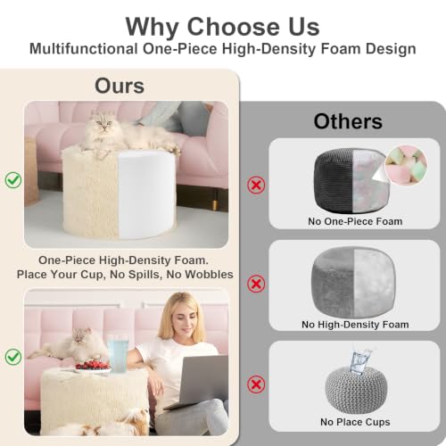 Round Faux Fur Pouf Ottoman, 17 x 14 Inch Firm Foot Rest, Beige