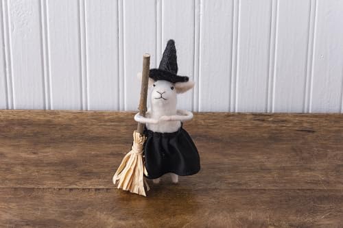Halloween Felt Witch Mouse Figurine with Broomstick - 5.5 Inch Decor