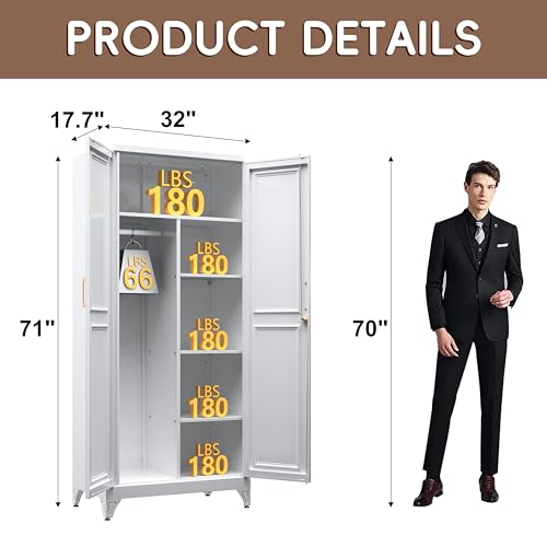 71-Inch Metal Wardrobe Closet with Locking Doors and Adjustable Shelves