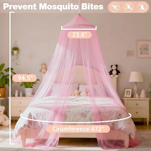 Pink Bed Canopy Curtains for Girls Room - Round Ceiling Dome Mosquito Net