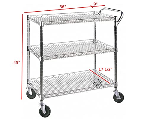 3-Tier Heavy Duty Rolling Utility Cart, NSF-Certified Steel Storage Shelving