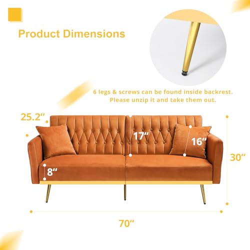 70-Inch Velvet Convertible Futon Sofa Bed with Adjustable Armrests