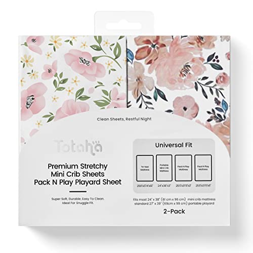 TotAha Soft Fitted Pack and Play Sheets, 2 Pack - Floral Mini Crib Sheets