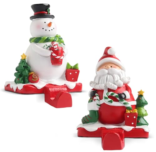 Christmas Santa & Snowman Stocking Holders Set - Holiday Mantel Hooks